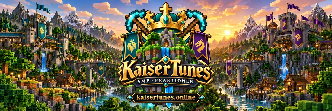 Illustration der KaiserTunes-Welt mit zwei Fraktionsburgen und der goldenen Krone
