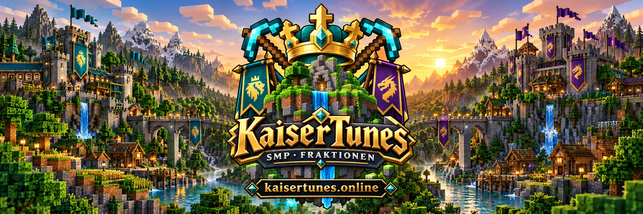 KaiserTunes Markenillustration: goldene Krone, türkise und violette Fraktionsbanner zwischen Burgen, Bergen und Flüssen.